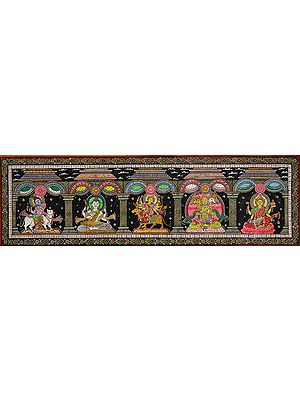 A Panel of Krishna, Shiva, Durga, Five-Headed Hanuman and Lakshmi