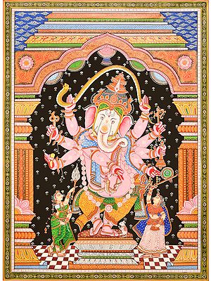 Lord Ganesha Dancing and Stretching a Snake Over His Head