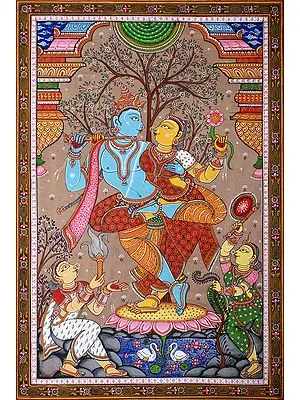 Dancing Radha Krishna with Gopis in Lotus Pond
