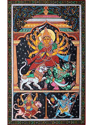Goddess Durga Slaying the Demon Mahishasur with Goddess Kali and Simhavahini Durga
