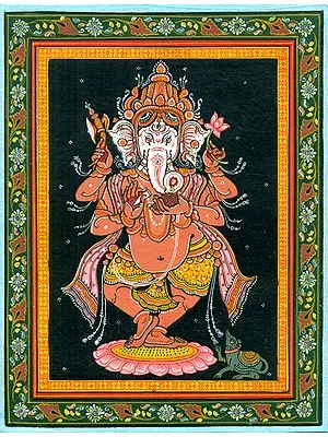 Dancing Ganesha Happily Twirling on his Toes, with a Modak and Mushak
