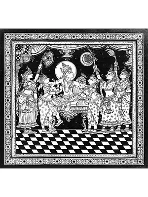 Rukmini and Satyabhama Caressing Lord Krishna