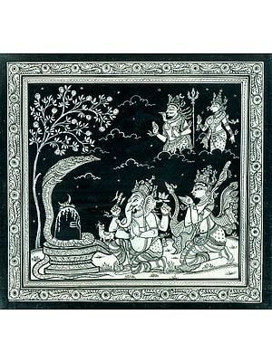 Ganesha and Karttikeya Worshiping the Shiva Linga