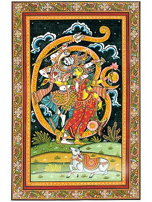 Fine Painting of Dancing Shiva Parvati in Auspicious Om Frame