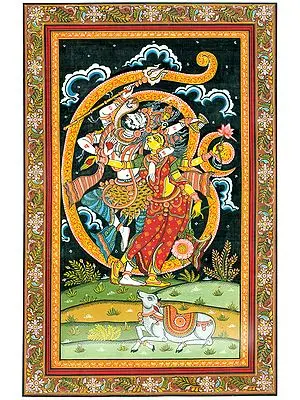 Fine Painting of Dancing Shiva Parvati in Auspicious Om Frame