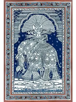 Fine Painting of Lord Krishna Seated on Elephant Made of Lady Figures