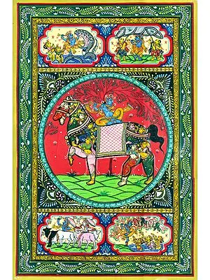 Krishna Seated on Horse Made of Lady Figures and Showing Krishna Leela
