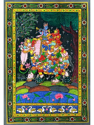 Radha Krishna on Elephant Made of Lady Figures (Nari Kunjar) (From The Bhagavat)