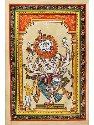 Richly Coloured Depiction Of Narasimha Destroying Hiranyakashipu, As Prahlada Looks On