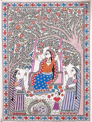 Radha Swings with Her Peacock at Her Feet