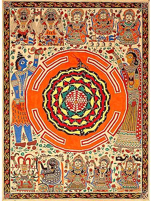 The Birth of Ten Mahavidyas with Shiva Parvati and Serpent Coiled Shri Chakra