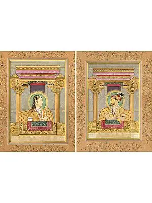 Mughal Emperor Shahjahan and Empress Mumtaj Mahal (Set of Two Paintings)