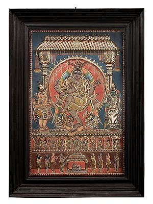 Lord Shiva as Nataraja in Dance Mudra Tanjore Painting | Traditional Colors With 24K Gold | Teakwood Frame | Gold & Wood | Handmade | Made In India