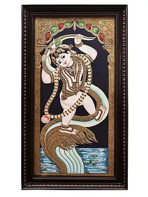 Lord Krishna Dancing on Serpent Kaliya Tanjore Painting | Traditional Colors With 24K Gold | Teakwood Frame | Gold & Wood | Handmade | Made In India