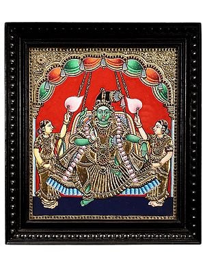 Goddess Meenakshi in a rare sitting posture with the Suka (parrot form of sage Sukabrahmam) Tanjore Painting | Traditional Colors With 24K Gold | Teakwood Frame | Gold & Wood | Handmade | Made In India