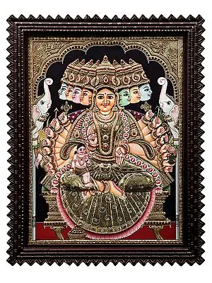 Ashtabhuja Gajalakshmi Tanjore Painting | Traditional Colors With 24K Gold | Teakwood Frame | Gold & Wood | Handmade | Made In India