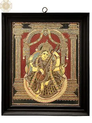 Goddess Saraswati Tanjore Painting | Traditional Colors With 24K Gold | Teakwood Frame | Gold & Wood | Handmade | Made In India