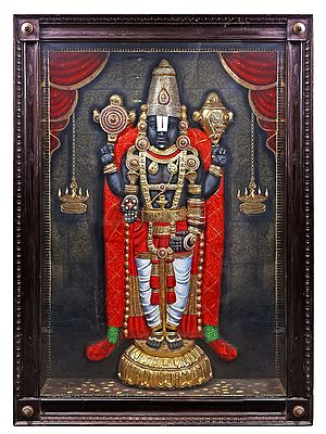 Super Fine Lord Tirupati Balaji Tanjore Painting | Traditional Colors With 24K Gold | Teakwood Frame | Gold & Wood | Handmade | Made In India