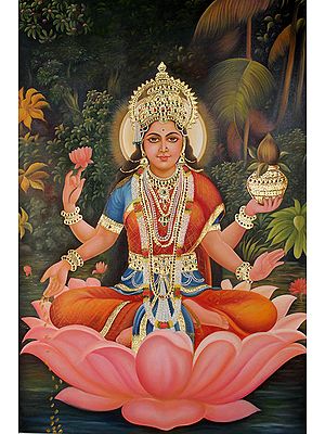 Goddess Lakshmi with Wealth Pot and Raining Coins