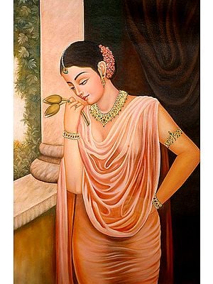 Lonely Lady on Terrace (Virahini Nayika) with Two Lotus Buds Symbolizing the Couple