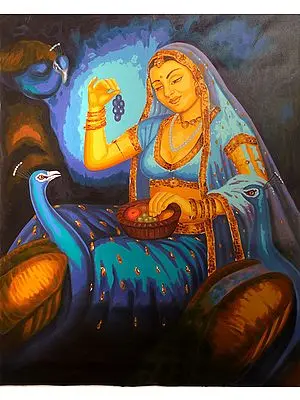 Lady Feeding Fruits to Her Pet Peacocks