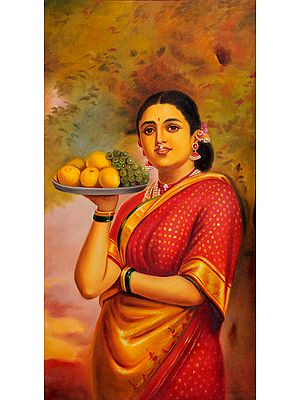 "Madri" or Maharashtrian Lady with Fruits (A Reproduction of work by Raja Ravi Varma)