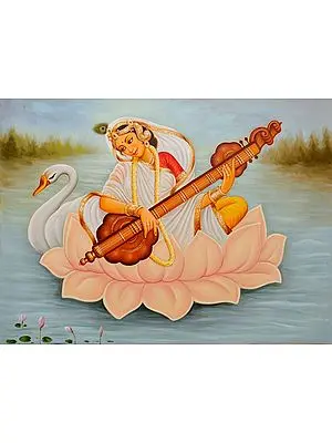 Goddess Saraswati Wearing Sari Seated on Lotus