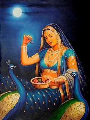 Lady Feeding Fruits to Her Pet Peacocks