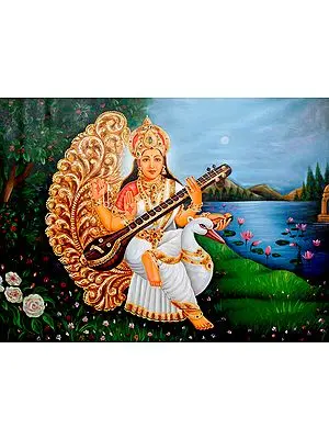 Goddess Saraswati Wearing White Sari and Seated on Swan