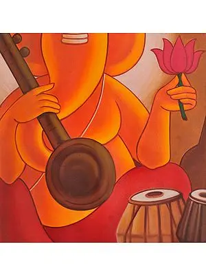 Lord Ganesha - The Musician | Oil Painting on Canvas