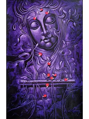 Purple Krishna Worshipped with Rose Petals | Oil Painting on Canvas