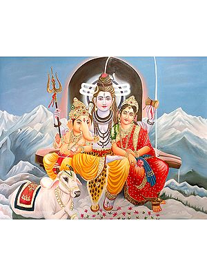 Shiva Parvati and Ganesha Seated Against a Shiva Ling on the Icy Peaks of Mount of Kailash with Nandi