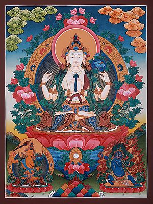 Four-Armed Avalokiteshvara | Tibetan Brocadeless Thangka Painting