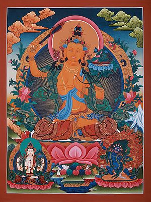 Manjushree Seated On Lotus | Tibetan Brocadeless Thangka Painting