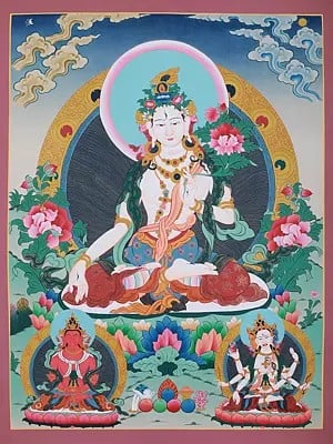 Goddess White Tara With Flower | Tibetan Brocadeless Thangka Painting