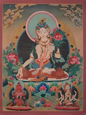 Goddess White Tara Seated On Lotus | Tibetan Brocadeless Thangka Painting