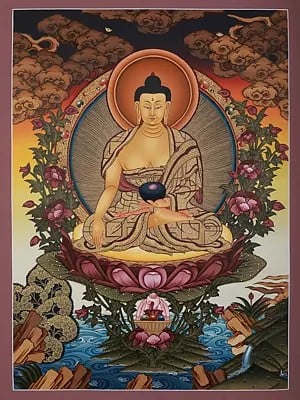 Amitabha Buddha Seated On Asana | Tibetan Brocadeless Thangka Painting