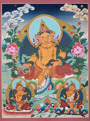 Majestic Zambala Kubera Seated On Asana | Tibetan Brocadeless Thangka Painting