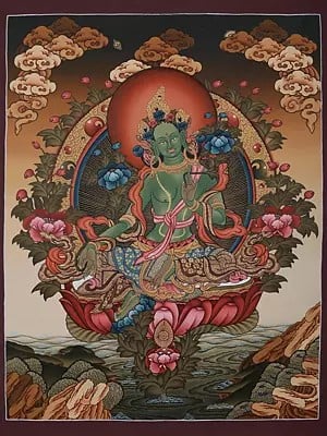 Goddess Green Tara On Asana | Tibetan Brocadeless Thangka Painting