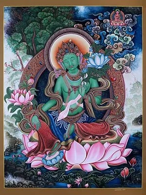 Hand-Painted Tibetan Buddhist Blessing Green Tara | Brocadeless Thangka Painting