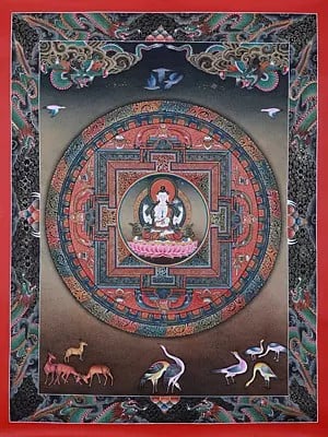 Chenrezig Tibetan Mandala Hand-Painted | Brocadeless Thangka Painting