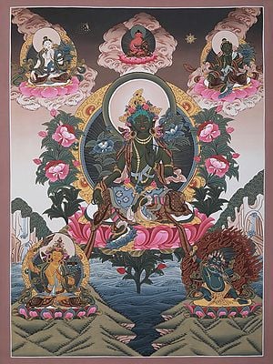 Goddess Green Tara Seated On Lotus Asana | Tibetan Brocadeless Thangka Painting