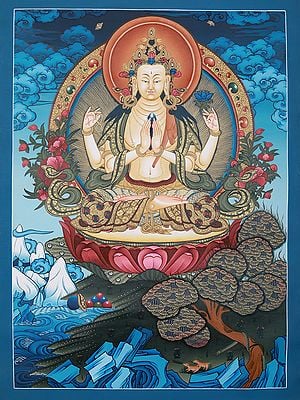 Meditative Avalokiteshvara | Tibetan Brocadeless Thangka Painting