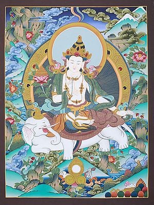 Indradev Seated On Elephant | Tibetan Brocadeless Thangka Painting