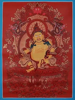 Tibetan Kubera Seated On Kirtimukha Throne | Tibetan Brocadeless Thangka Painting