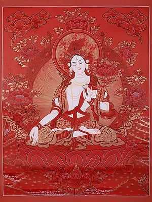 Goddess White Tara With Red Theme | Tibetan Brocadeless Thangka Painting