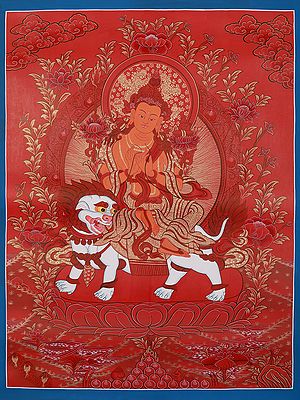 Buddhist Deity Seated On Singha | Tibetan Brocadeless Thangka Painting