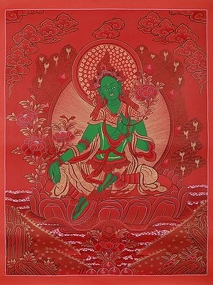 Goddess Green Tara With Flower | Tibetan Brocadeless Thangka Painting