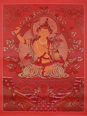 Seated Manjushree With Flower | Tibetan Brocadeless Thangka Painting