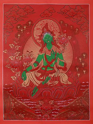 Goddess Green Tara With Beautiful Crown On Head | Tibetan Brocadeless Thangka Painting